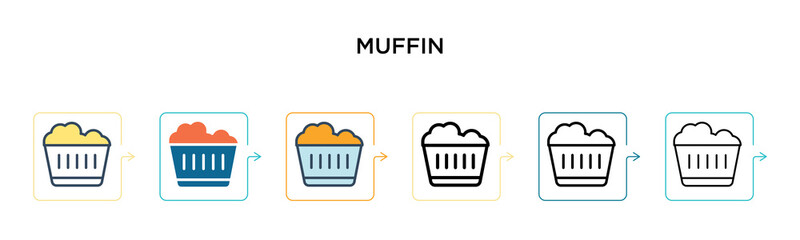 Muffin vector icon in 6 different modern styles. Black, two colored muffin icons designed in filled, outline, line and stroke style. Vector illustration can be used for web, mobile, ui