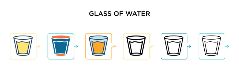 Glass of water vector icon in 6 different modern styles. Black, two colored glass of water icons designed in filled, outline, line and stroke style. Vector illustration can be used for web, mobile, ui