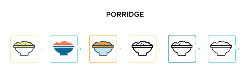 Porridge vector icon in 6 different modern styles. Black, two colored porridge icons designed in filled, outline, line and stroke style. Vector illustration can be used for web, mobile, ui