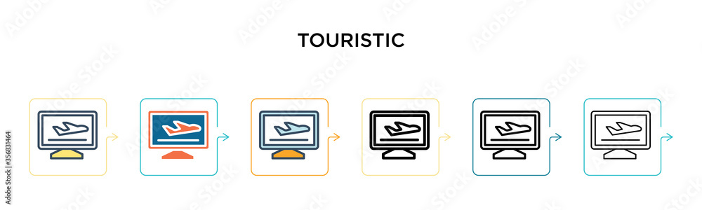Poster touristic vector icon in 6 different modern styles. black, two colored touristic icons designed in f