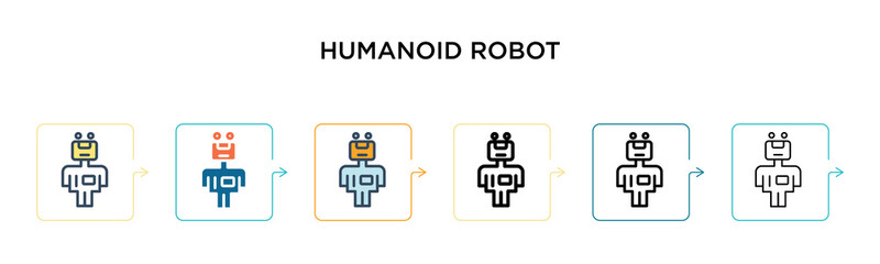 Humanoid robot vector icon in 6 different modern styles. Black, two colored humanoid robot icons designed in filled, outline, line and stroke style. Vector illustration can be used for web, mobile, ui