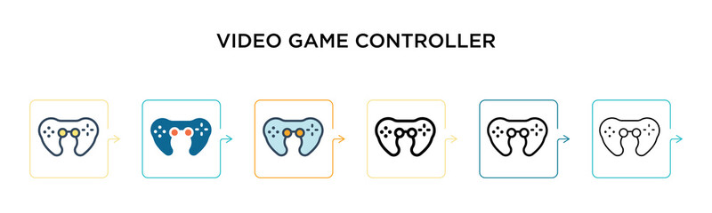 Video game controller vector icon in 6 different modern styles. Black, two colored video game controller icons designed in filled, outline, line and stroke style. Vector illustration can be used for