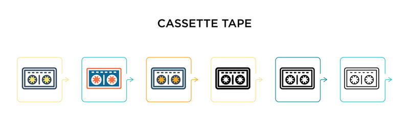 Obraz premium Cassette tape vector icon in 6 different modern styles. Black, two colored cassette tape icons designed in filled, outline, line and stroke style. Vector illustration can be used for web, mobile, ui