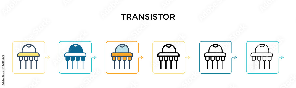 Poster transistor vector icon in 6 different modern styles. black, two colored transistor icons designed in
