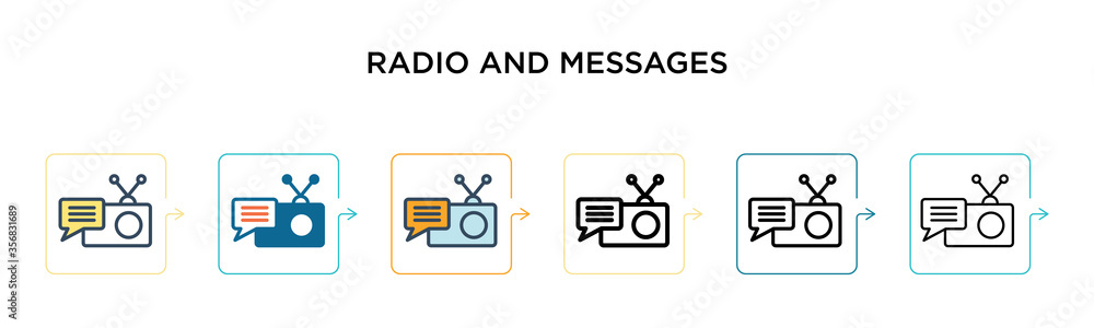 Poster radio and messages vector icon in 6 different modern styles. black, two colored radio and messages i