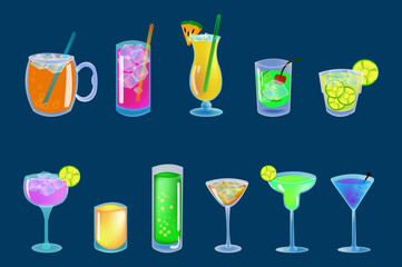 Alcohol drinks and cocktails icon set in cute design style