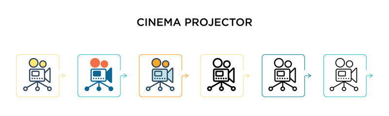 Cinema projector vector icon in 6 different modern styles. Black, two colored cinema projector icons designed in filled, outline, line and stroke style. Vector illustration can be used for web,