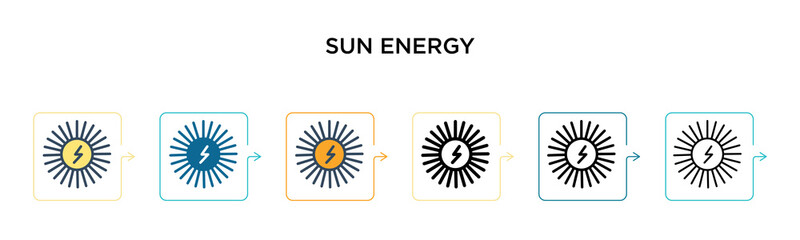 Sun energy vector icon in 6 different modern styles. Black, two colored sun energy icons designed in filled, outline, line and stroke style. Vector illustration can be used for web, mobile, ui
