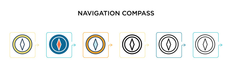 Navigation compass vector icon in 6 different modern styles. Black, two colored navigation compass icons designed in filled, outline, line and stroke style. Vector illustration can be used for web,