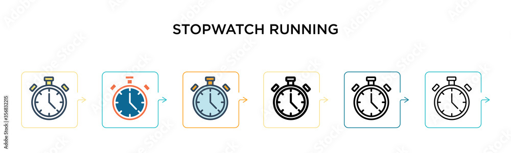 Poster stopwatch running vector icon in 6 different modern styles. black, two colored stopwatch running ico
