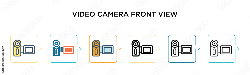 Poster video camera front view vector icon in 6 different modern styles. black, two colored video camera fr