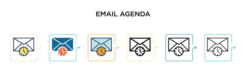 Email agenda vector icon in 6 different modern styles. Black, two colored email agenda icons designed in filled, outline, line and stroke style. Vector illustration can be used for web, mobile, ui