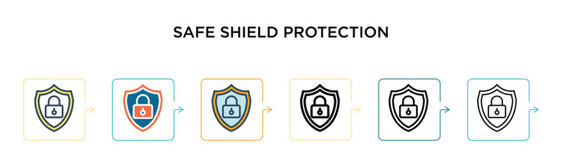 Safe shield protection vector icon in 6 different modern styles. Black, two colored safe shield protection icons designed in filled, outline, line and stroke style. Vector illustration can be used for