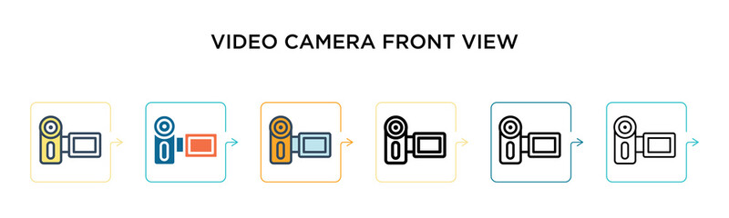 Video camera front view vector icon in 6 different modern styles. Black, two colored video camera front view icons designed in filled, outline, line and stroke style. Vector illustration can be used