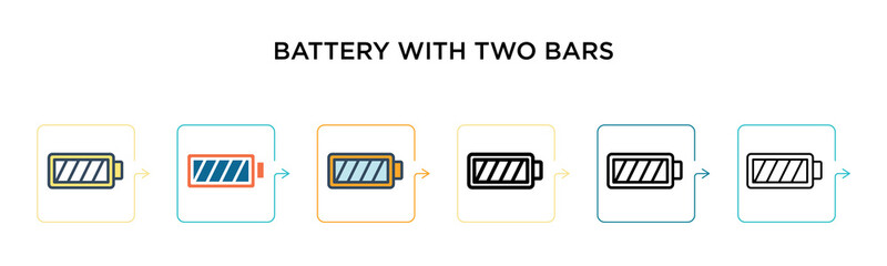 Battery with two bars vector icon in 6 different modern styles. Black, two colored battery with two bars icons designed in filled, outline, line and stroke style. Vector illustration can be used for