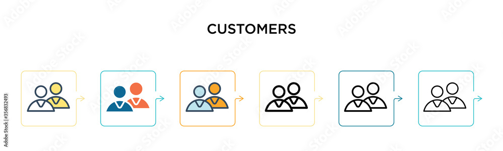 Poster customers vector icon in 6 different modern styles. black, two colored customers icons designed in f