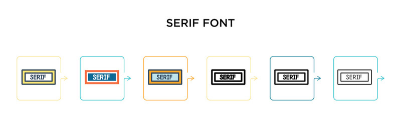 Serif font vector icon in 6 different modern styles. Black, two colored serif font icons designed in filled, outline, line and stroke style. Vector illustration can be used for web, mobile, ui