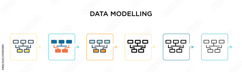 Poster data modelling vector icon in 6 different modern styles. black, two colored data modelling icons des