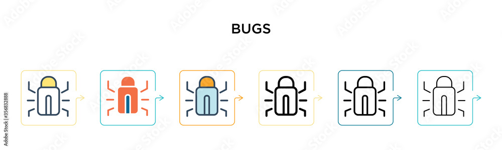 Poster bugs vector icon in 6 different modern styles. black, two colored bugs icons designed in filled, out
