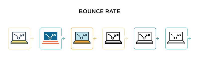 Bounce rate vector icon in 6 different modern styles. Black, two colored bounce rate icons designed in filled, outline, line and stroke style. Vector illustration can be used for web, mobile, ui