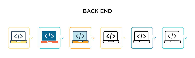 Back end vector icon in 6 different modern styles. Black, two colored back end icons designed in filled, outline, line and stroke style. Vector illustration can be used for web, mobile, ui