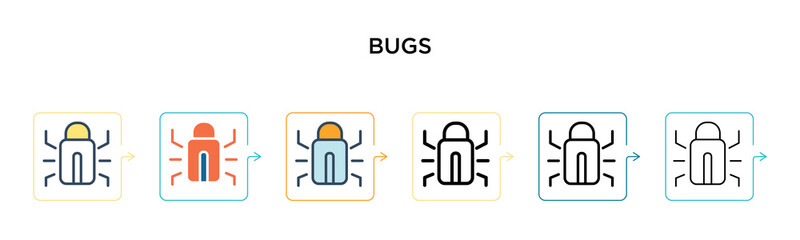 Bugs vector icon in 6 different modern styles. Black, two colored bugs icons designed in filled, outline, line and stroke style. Vector illustration can be used for web, mobile, ui