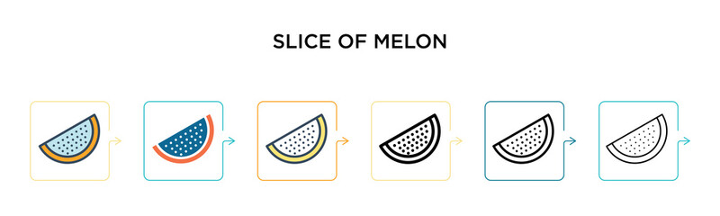 Slice of melon vector icon in 6 different modern styles. Black, two colored slice of melon icons designed in filled, outline, line and stroke style. Vector illustration can be used for web, mobile, ui