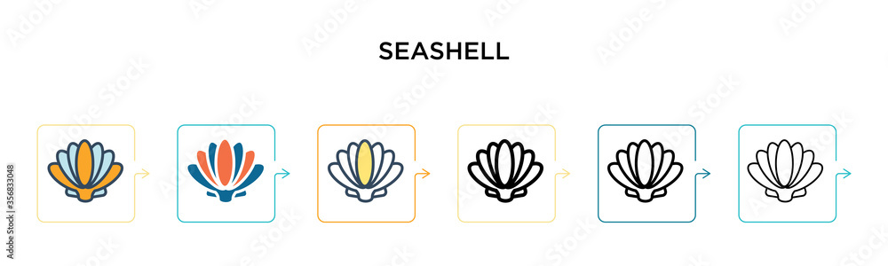 Poster seashell vector icon in 6 different modern styles. black, two colored seashell icons designed in fil