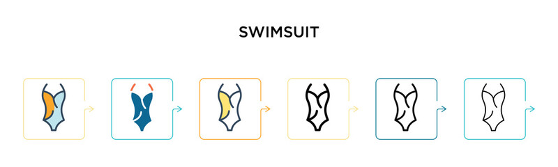 Swimsuit vector icon in 6 different modern styles. Black, two colored swimsuit icons designed in filled, outline, line and stroke style. Vector illustration can be used for web, mobile, ui
