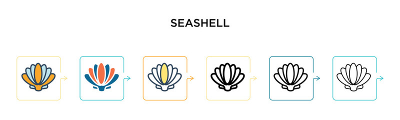 Seashell vector icon in 6 different modern styles. Black, two colored seashell icons designed in filled, outline, line and stroke style. Vector illustration can be used for web, mobile, ui