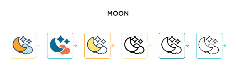 Moon vector icon in 6 different modern styles. Black, two colored moon icons designed in filled, outline, line and stroke style. Vector illustration can be used for web, mobile, ui