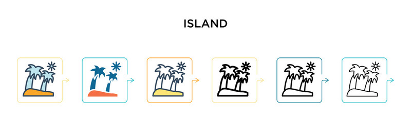 Island vector icon in 6 different modern styles. Black, two colored island icons designed in filled, outline, line and stroke style. Vector illustration can be used for web, mobile, ui