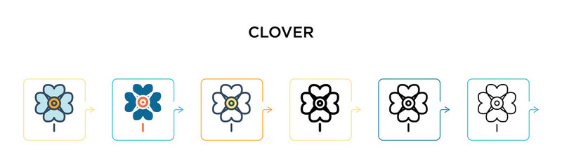 Clover vector icon in 6 different modern styles. Black, two colored clover icons designed in filled, outline, line and stroke style. Vector illustration can be used for web, mobile, ui