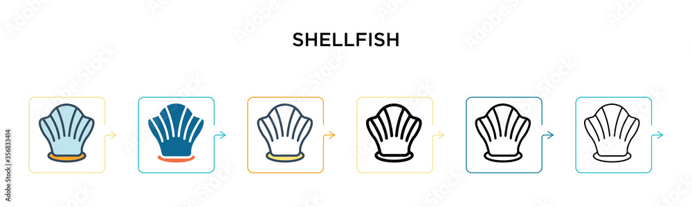 Poster shellfish vector icon in 6 different modern styles. black, two colored shellfish icons designed in f