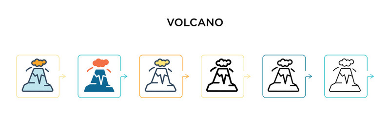 Volcano vector icon in 6 different modern styles. Black, two colored volcano icons designed in filled, outline, line and stroke style. Vector illustration can be used for web, mobile, ui