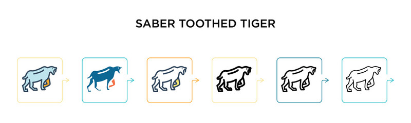 Saber toothed tiger vector icon in 6 different modern styles. Black, two colored saber toothed tiger icons designed in filled, outline, line and stroke style. Vector illustration can be used for web,