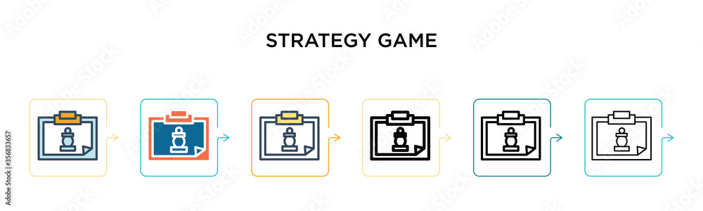 Poster strategy game vector icon in 6 different modern styles. black, two colored strategy game icons desig