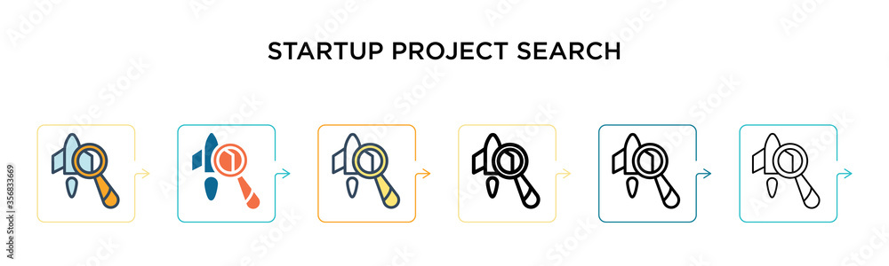 Poster startup project search vector icon in 6 different modern styles. black, two colored startup project 