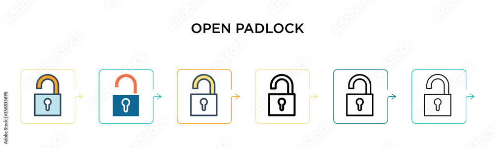 Poster open padlock vector icon in 6 different modern styles. black, two colored open padlock icons designe