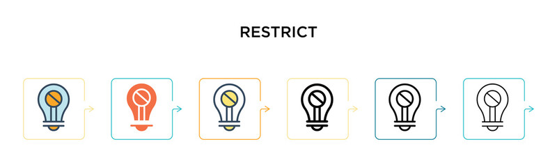 Restrict vector icon in 6 different modern styles. Black, two colored restrict icons designed in filled, outline, line and stroke style. Vector illustration can be used for web, mobile, ui