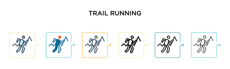 Trail running vector icon in 6 different modern styles. Black, two colored trail running icons designed in filled, outline, line and stroke style. Vector illustration can be used for web, mobile, ui