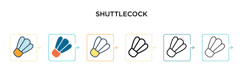 Shuttlecock vector icon in 6 different modern styles. Black, two colored shuttlecock icons designed in filled, outline, line and stroke style. Vector illustration can be used for web, mobile, ui
