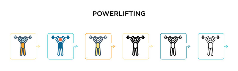 Powerlifting vector icon in 6 different modern styles. Black, two colored powerlifting icons designed in filled, outline, line and stroke style. Vector illustration can be used for web, mobile, ui