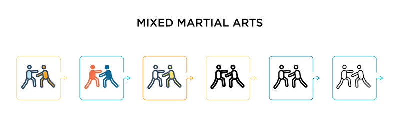 Mixed martial arts vector icon in 6 different modern styles. Black, two colored mixed martial arts icons designed in filled, outline, line and stroke style. Vector illustration can be used for web,