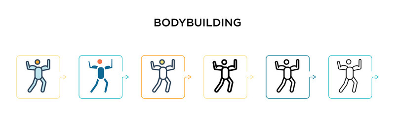 Bodybuilding vector icon in 6 different modern styles. Black, two colored bodybuilding icons designed in filled, outline, line and stroke style. Vector illustration can be used for web, mobile, ui