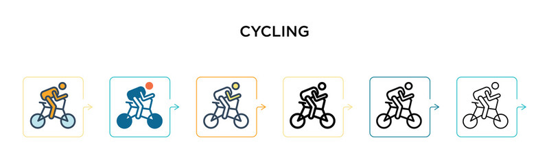 Cycling vector icon in 6 different modern styles. Black, two colored cycling icons designed in filled, outline, line and stroke style. Vector illustration can be used for web, mobile, ui