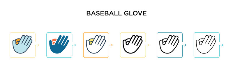 Baseball glove vector icon in 6 different modern styles. Black, two colored baseball glove icons designed in filled, outline, line and stroke style. Vector illustration can be used for web, mobile, ui