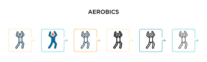 Aerobics vector icon in 6 different modern styles. Black, two colored aerobics icons designed in filled, outline, line and stroke style. Vector illustration can be used for web, mobile, ui