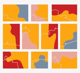 A set of rectangular horizontal, vertical, square two-color backgrounds with a thin, sinuous light line.Hand-drawn various shapes, doodles.Fashionable bright summer colors.Stock vector illustration