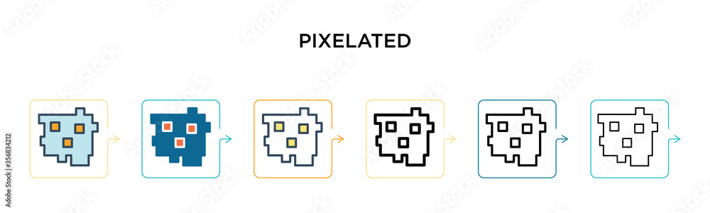 Poster pixelated vector icon in 6 different modern styles. black, two colored pixelated icons designed in f